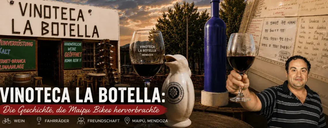Titelbild zur Geschichte von Vinoteca La Botella, den Anfängen von Maipu Bikes und den Freundschaften mit Reisenden aus aller Welt in Maipú, Mendoza.