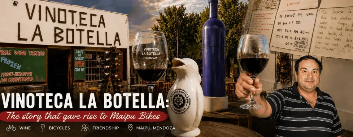 Cover image for the story of Vinoteca La Botella, the origins of Maipu Bikes, and the friendships built with travelers from around the world in Maipú, Mendoza.