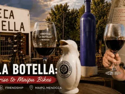 Cover image for the story of Vinoteca La Botella, the origins of Maipu Bikes, and the friendships built with travelers from around the world in Maipú, Mendoza.