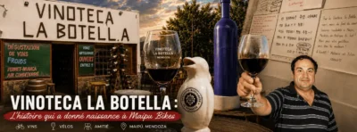 Image de couverture de l’histoire de Vinoteca La Botella, des origines de Maipu Bikes et des amitiés créées avec des voyageurs du monde entier à Maipú, Mendoza.