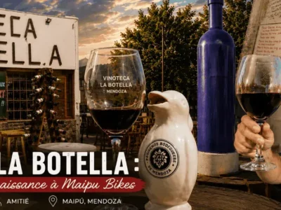Image de couverture de l’histoire de Vinoteca La Botella, des origines de Maipu Bikes et des amitiés créées avec des voyageurs du monde entier à Maipú, Mendoza.