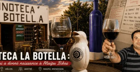 Image de couverture de l’histoire de Vinoteca La Botella, des origines de Maipu Bikes et des amitiés créées avec des voyageurs du monde entier à Maipú, Mendoza.