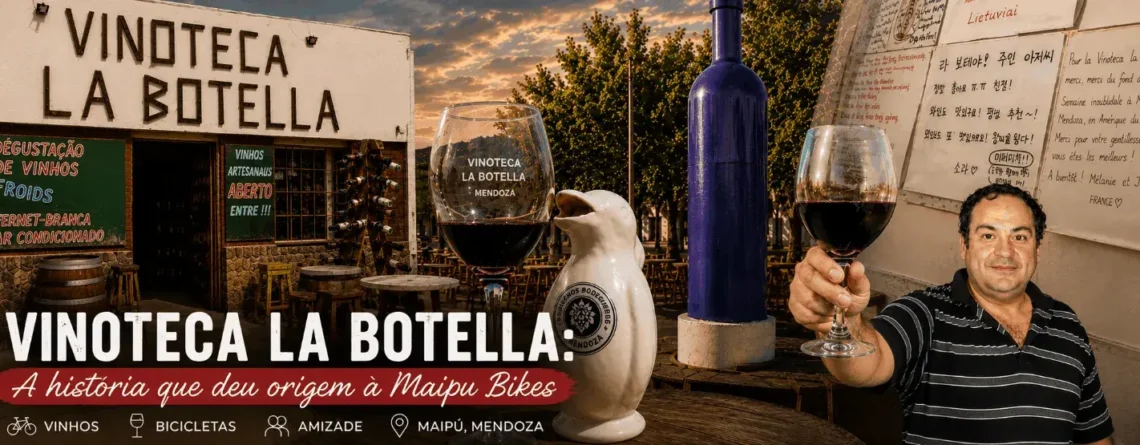 Imagem de capa da história da Vinoteca La Botella, das origens da Maipu Bikes e das amizades construídas com viajantes do mundo inteiro em Maipú, Mendoza.