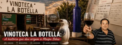 Imagem de capa da história da Vinoteca La Botella, das origens da Maipu Bikes e das amizades construídas com viajantes do mundo inteiro em Maipú, Mendoza.