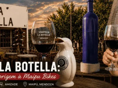 Imagem de capa da história da Vinoteca La Botella, das origens da Maipu Bikes e das amizades construídas com viajantes do mundo inteiro em Maipú, Mendoza.