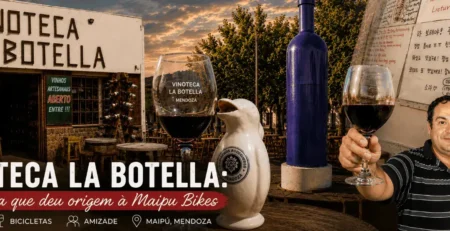 Imagem de capa da história da Vinoteca La Botella, das origens da Maipu Bikes e das amizades construídas com viajantes do mundo inteiro em Maipú, Mendoza.