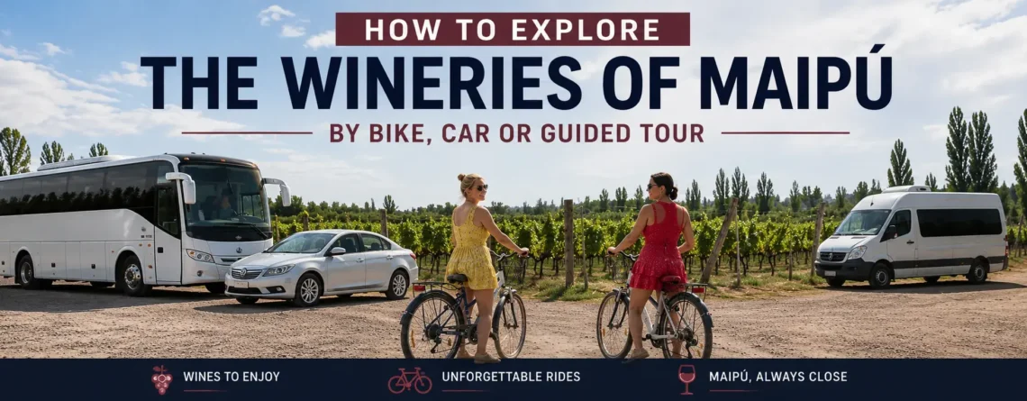Cyclists riding between wineries along the Maipú Wine Route in Mendoza, Argentina, comparing bike tours with driving or guided tours.