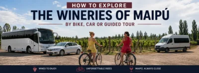 Cyclists riding between wineries along the Maipú Wine Route in Mendoza, Argentina, comparing bike tours with driving or guided tours.