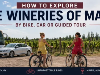 Cyclists riding between wineries along the Maipú Wine Route in Mendoza, Argentina, comparing bike tours with driving or guided tours.