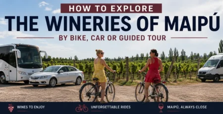 Cyclists riding between wineries along the Maipú Wine Route in Mendoza, Argentina, comparing bike tours with driving or guided tours.