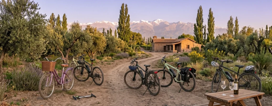Tourists using the best bike rental Mendoza Argentina service to visit vineyards in Maipú.