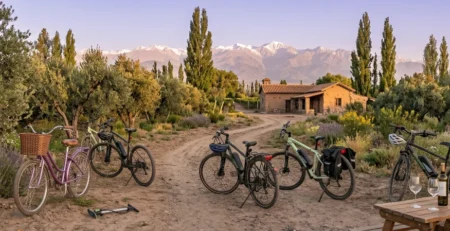 Tourists using the best bike rental Mendoza Argentina service to visit vineyards in Maipú.