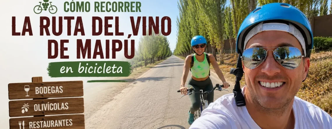 Turistas recorriendo la Ruta del Vino de Maipú en bicicleta entre bodegas, olivícolas y restaurantes de Mendoza