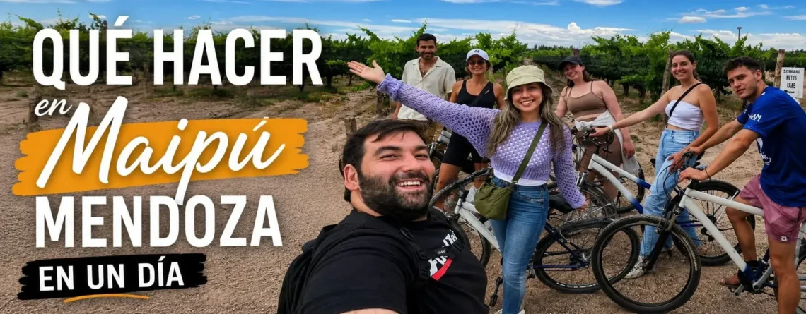 Grupo de turistas recorriendo en bicicleta los viñedos de la Ruta del Vino de Maipú, Mendoza
