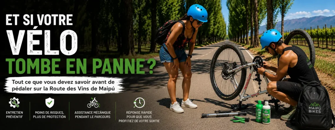 Assistance mécanique lors d'une balade à vélo sur la Route des Vins de Maipú
