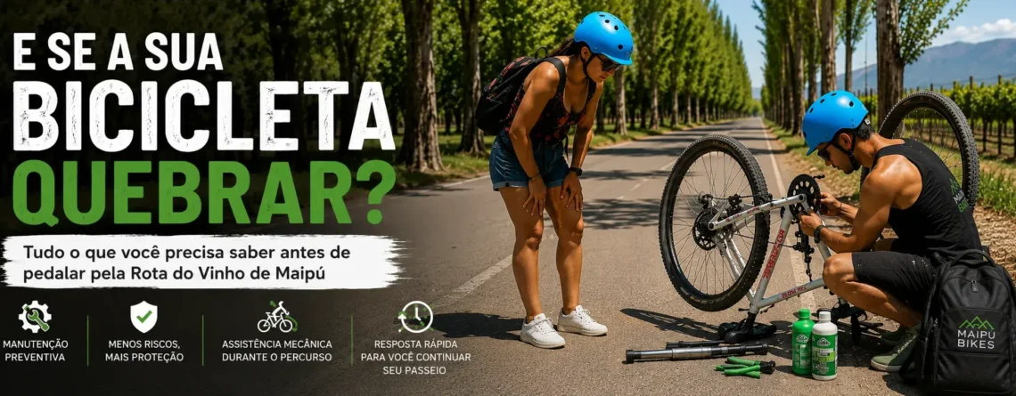 Assistência mecânica durante um passeio de bicicleta pela Rota do Vinho de Maipú