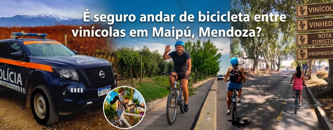 Ciclistas pedalando com segurança entre as vinícolas da Rota do Vinho de Maipú, Mendoza.