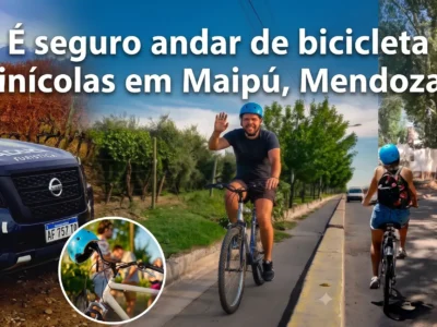 Ciclistas pedalando com segurança entre as vinícolas da Rota do Vinho de Maipú, Mendoza.