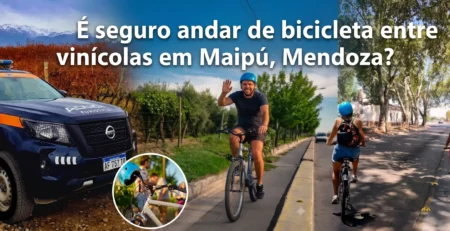 Ciclistas pedalando com segurança entre as vinícolas da Rota do Vinho de Maipú, Mendoza.