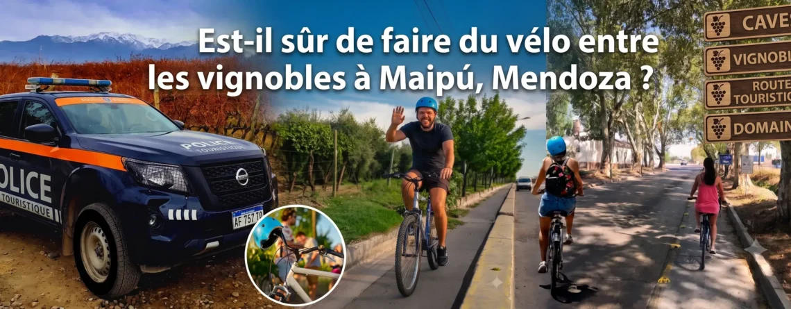 Des cyclistes circulant en toute sécurité entre les domaines viticoles de la Route des Vins de Maipú, à Mendoza.