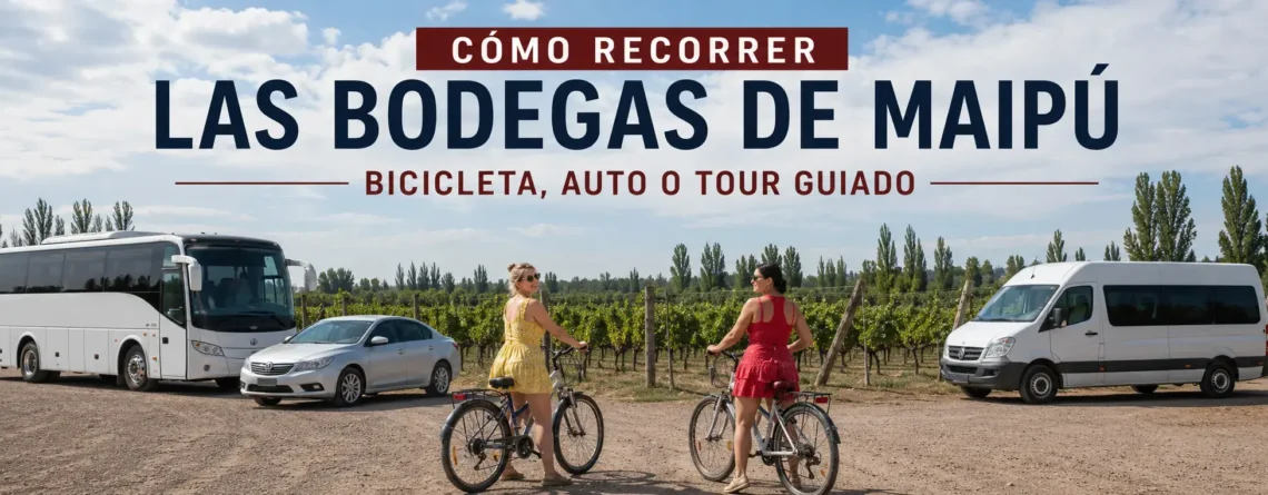 Cyclists riding between wineries along the Maipú Wine Route in Mendoza, Argentina, comparing bike tours with driving or guided tours.