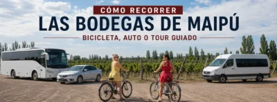 Cyclists riding between wineries along the Maipú Wine Route in Mendoza, Argentina, comparing bike tours with driving or guided tours.