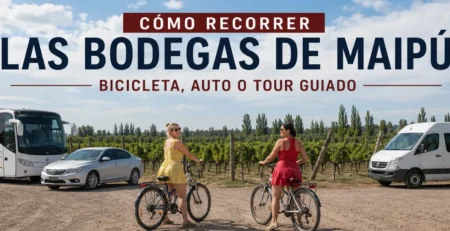 Cyclists riding between wineries along the Maipú Wine Route in Mendoza, Argentina, comparing bike tours with driving or guided tours.
