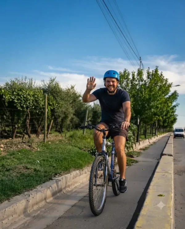 Cyclists riding along the bike lane near Trapiche Winery in Maipú, Mendoza.