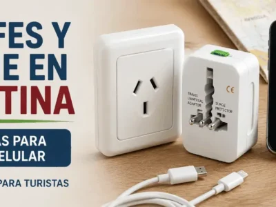 Enchufes, adaptador universal y celular cargando en Argentina
