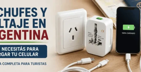 Enchufes, adaptador universal y celular cargando en Argentina