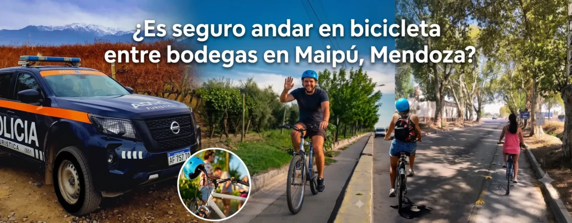 Tourists cycling safely along the Maipú Wine Route in Mendoza, Argentina.