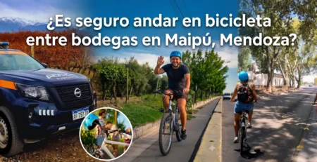 Tourists cycling safely along the Maipú Wine Route in Mendoza, Argentina.