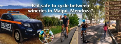 Tourists cycling safely between wineries on the Maipú Wine Route in Mendoza, Argentina.