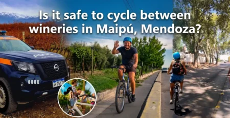 Tourists cycling safely between wineries on the Maipú Wine Route in Mendoza, Argentina.