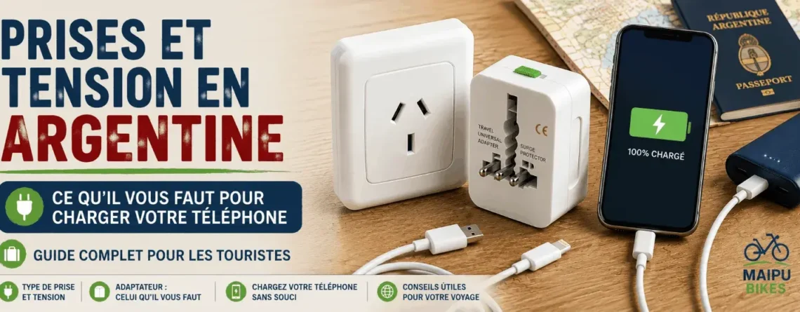 Prise électrique, adaptateur universel et téléphone en charge en Argentine