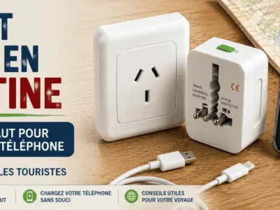 Prise électrique, adaptateur universel et téléphone en charge en Argentine