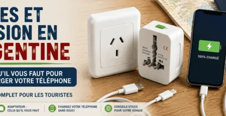 Prise électrique, adaptateur universel et téléphone en charge en Argentine