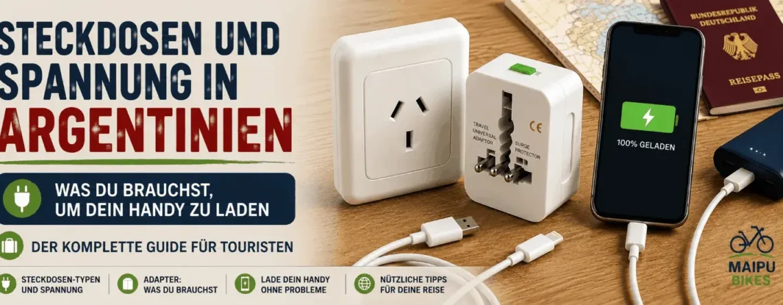 Steckdose, Universaladapter und ladendes Handy in Argentinien