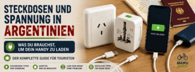 Steckdose, Universaladapter und ladendes Handy in Argentinien