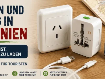 Steckdose, Universaladapter und ladendes Handy in Argentinien
