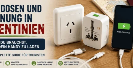 Steckdose, Universaladapter und ladendes Handy in Argentinien