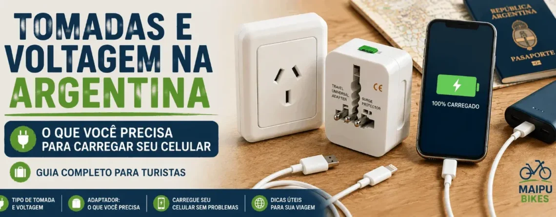 Tomada, adaptador universal e celular carregando na Argentina