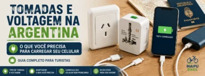 Tomada, adaptador universal e celular carregando na Argentina
