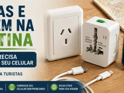 Tomada, adaptador universal e celular carregando na Argentina