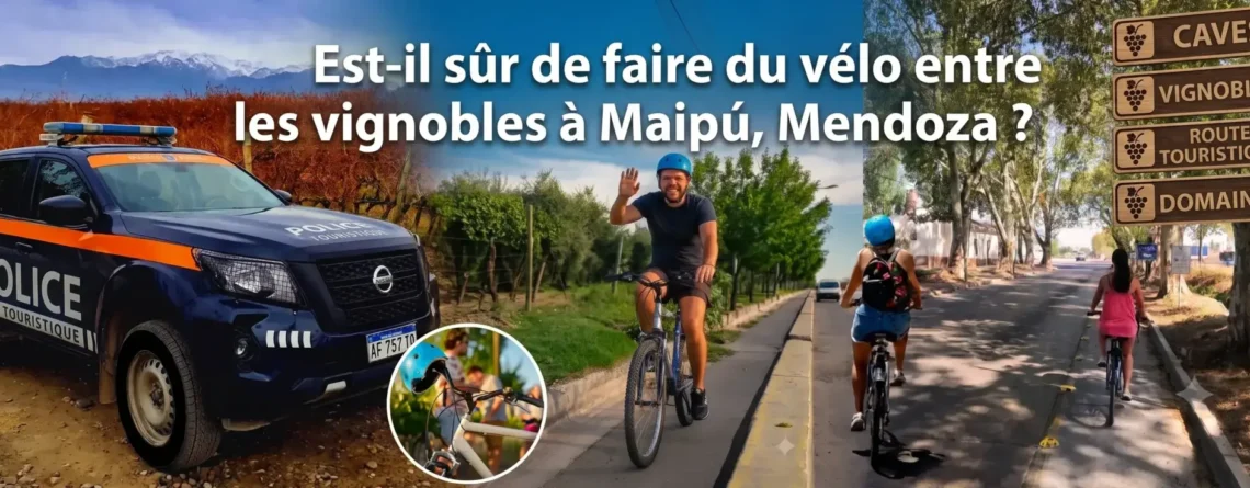 Des cyclistes circulant en toute sécurité entre les domaines viticoles de la Route des Vins de Maipú, à Mendoza.