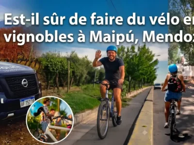Des cyclistes circulant en toute sécurité entre les domaines viticoles de la Route des Vins de Maipú, à Mendoza.