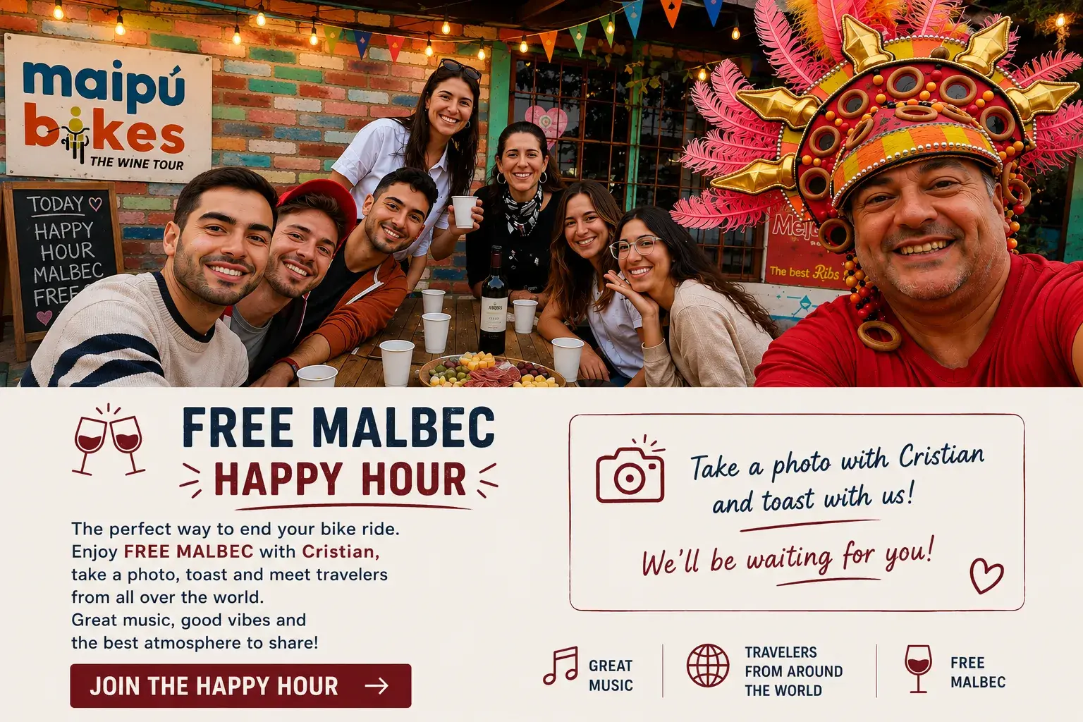 Enjoy the Maipu Bikes Happy Hour with free Malbec and travelers from around the world after your bike ride.