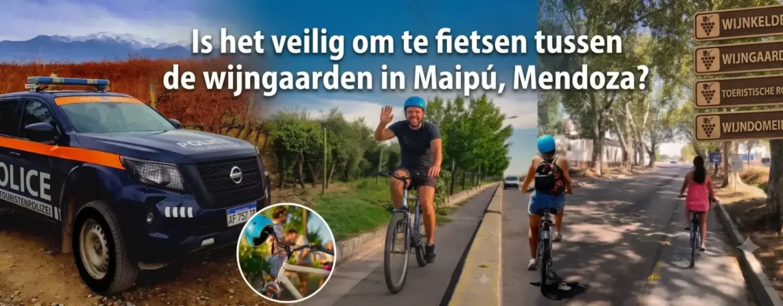 Toeristen fietsen veilig tussen de wijnhuizen langs de Wijnroute van Maipú in Mendoza.