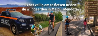 Toeristen fietsen veilig tussen de wijnhuizen langs de Wijnroute van Maipú in Mendoza.
