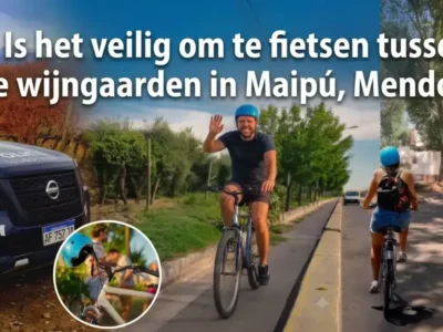 Toeristen fietsen veilig tussen de wijnhuizen langs de Wijnroute van Maipú in Mendoza.